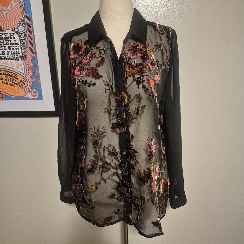 Floral flocked Burnout Velvet  Embroidered Sheer Black Blouse Roz Ali 1X New